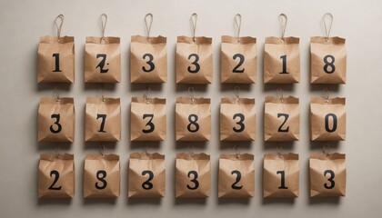 Brown paper bags hang on a wall in a creative arrangement, showcasing numbers that spark curiosity and imagination in a cozy indoor space