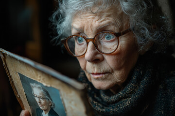 Sticker - An elderly person looking at a photograph of their younger self, reflecting on the years gone by. Concept of aging.