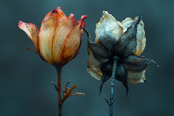 Canvas Print - A wilted flower next to a fresh bloom, representing the cycle of life and decay. Concept of life and death.