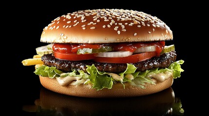 A delicious hamburger featuring a sesame seed bun, fresh lettuce, tomatoes, pickles, ketchup, and a grilled beef patty.