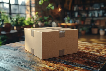 A plain cardboard packaging box sitting on a table, ready for branding.