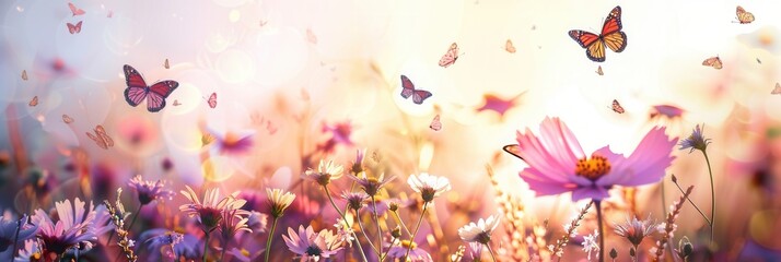 Wall Mural - Colorful butterflies dance among blooming meadow flowers, creating a lively atmosphere in the warm sunlight of spring. Generative AI