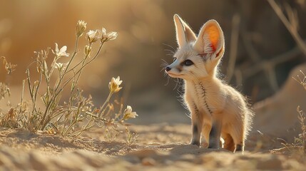 Sticker -   Small fox on dirt field with wildflowers and tree in background