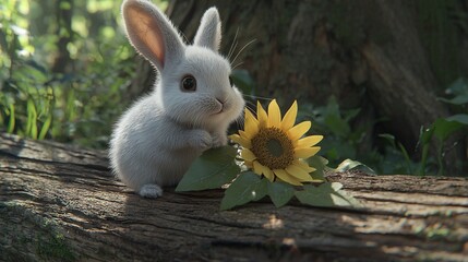 Wall Mural -   White rabbit sitting on a tree trunk with a sunflower in its mouth, surrounded by trees