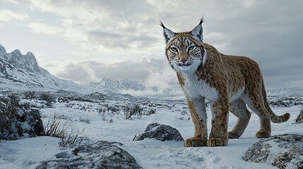 Poster -   A majestic lynx perched atop a snowy field adjacent to a densely forested mountain