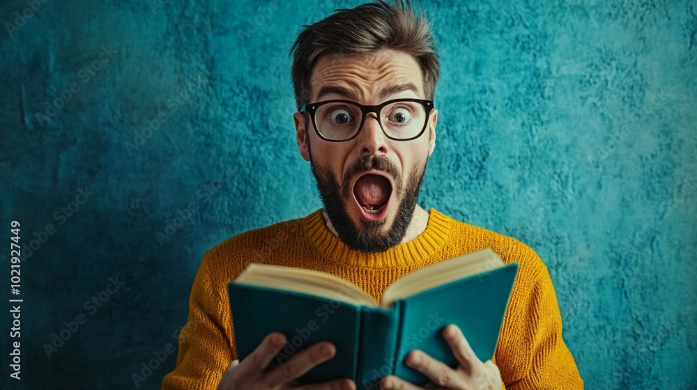 Shocked reader with wideopen mouth and eyes bulging behind glasses