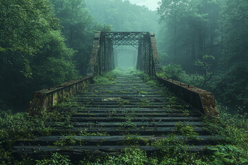 Poster - A bridge, once strong, now crumbling as nature takes over, showing the decay of human structures. Concept of decay.