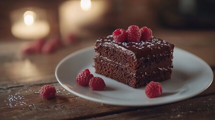 Poster -   Chocolate cake on white plate with raspberries on wooden table, candles in the background