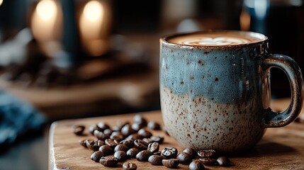 Wall Mural -   Coffee cup resting atop wooden table with adjacent mound of beans on cutting board