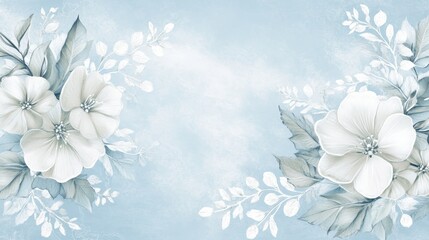 Wall Mural - A serene floral design featuring white flowers and leaves on a soft blue background, perfect for backgrounds or invitations.