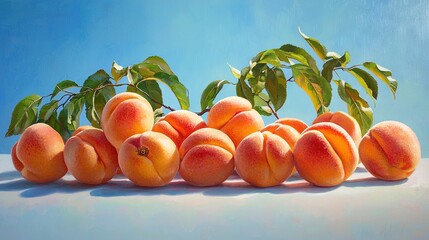 Canvas Print -   A painting depicts a cluster of peaches against a blue backdrop, with lush green foliage crowning the fruit