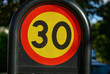 © Ktr - A circular speed limit sign displays a 30 kph limit, prominently situated in a residential neighborhood under clear, natural lighting