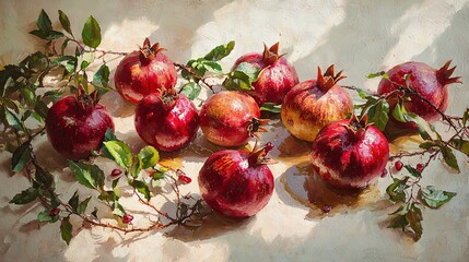 Poster -  Pomegranates in White..Pommes en Blanc.A lush array of ruby-red pomegranates.Crowned with emerald