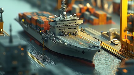 A detailed cargo ship is docked at a bustling port, surrounded by colorful containers and equipment, showcasing maritime logistics and transportation.