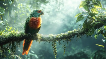 Poster -   A vibrant bird perched on a forest branch surrounded by numerous green foliage