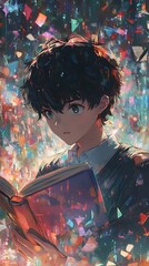 Wall Mural - A boy with short black hair is reading an open book, with a colorful background, a close-up of his face and head, in a flat illustration style