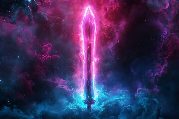 Wall Mural - neon sword glowing in cosmic clouds abstract illustration
