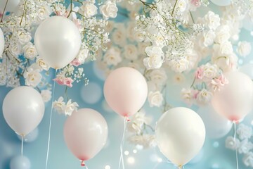 Canvas Print - A beautiful setup featuring white and pastel balloons complementing floral arrangements for a charming wedding ceremony atmosphere. Generative AI