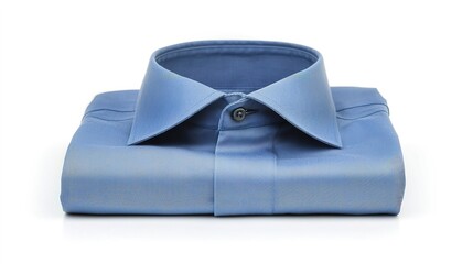 A neatly folded blue dress shirt with a classic collar, showcasing a textured fabric and a clean, modern look.