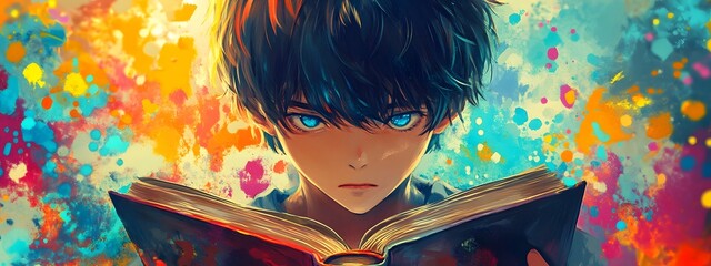 Wall Mural - A boy with short black hair is reading an open book, with a colorful background, a close-up of his face and head, in a flat illustration style