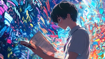 Wall Mural - A boy with short black hair is reading an open book, with a colorful background, a close-up of his face and head, in a flat illustration style