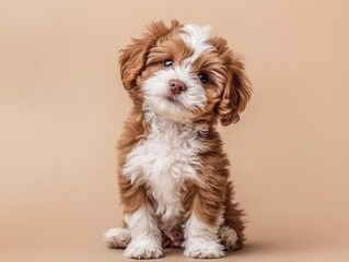 adorable maltipoo puppy with fluffy brown and white fur, sitting in a playful pose against a clean background, radiating cuteness and joy