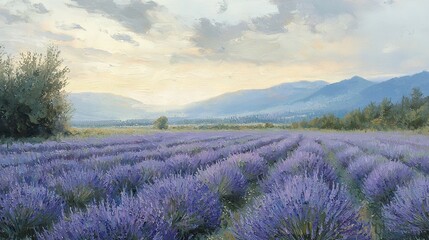 Poster -   Lavender Fields with Mountains and Clouds - A stunning artwork depicting a vast field of beautiful lavender flowers against a backdrop of majestic mountains and wispy clouds