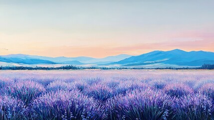 Canvas Print -   A beautiful depiction of lavender fields before majestic mountains, with a soaring bird overhead