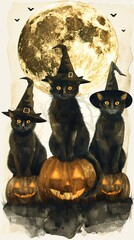 three black cats wearing witch hats sitting on three pumpkins, with a full...