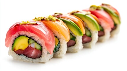 Poster -   A clear photo of a sushi roll with diverse toppings against a clean white backdrop, featuring reflection on the roll's side