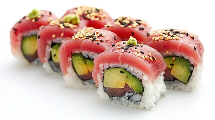 Poster -   A collection of sushi rolls adorned with cucumber slices and black sesame seeds against a pristine white backdrop