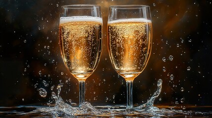 Sparkling Champagne Glasses with Splashing Water