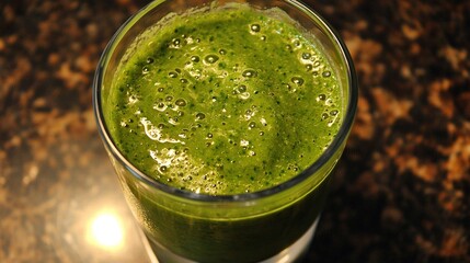 Poster -   A close-up shot of a green drink in a glass placed on a table, with water droplets glistening on top