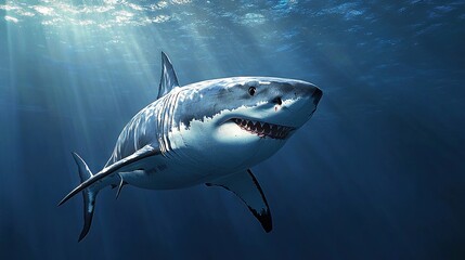 Poster -   A Great White Shark glides through water below the surface, sunbeams filtering upwards