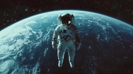 Poster -   An astronaut floats in space against a backdrop of stars and Earth