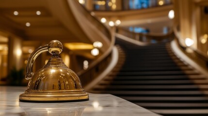 Hotel bell on a marble counter with a blurred background of a grand staircase generative ai