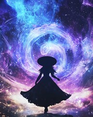 Wall Mural - silhouette of a woman in a dress and hat with a colorful galaxy in the background
