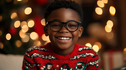 Xmas vibes - cute kid child black boy wearing christmas outfit smiling at the camera. Horizontal banner