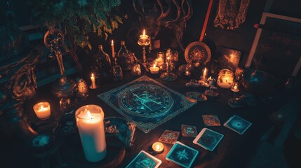 Altar filled with occult symbols, candles  in a circle, Tarot cards, mysterious and mystical vibe