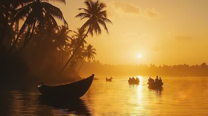 Wall Mural -   A group of people relaxing on a boat in the middle of a calm lake during sunset