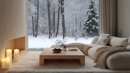 Minimalist winter living room with a light wooden coffee table, warm blanket, and snowy forest outside generative ai