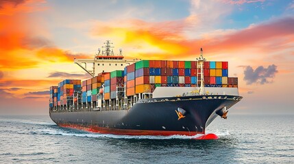 A vibrant cargo ship laden with colorful containers sails across the ocean at sunset, showcasing global trade and maritime logistics.