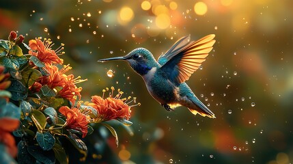 Canvas Print -   Hummingbird flying over flower bush, drops of water on wings, colorful background