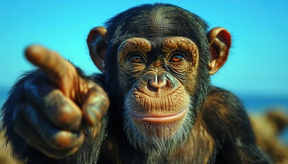 A chimpanzee pointing directly at the camera, blue sky in the background, highly detailed facial expression