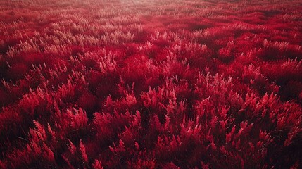 Poster -   An aerial view of a field with red grass in the foreground and the sun shining through clouds in the background