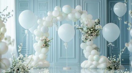 Poster - The wedding venue features beautiful white and pastel balloon decorations, enhancing the romantic ambiance with floral accents. Generative AI