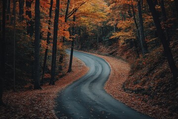 Wall Mural - a winding road through an autumn forest, with leaves in various shades of orange and red, creating a