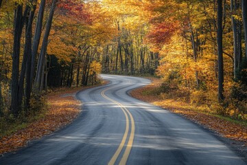 Wall Mural - a winding road through an autumn forest, with leaves in various shades of orange and red cascading d