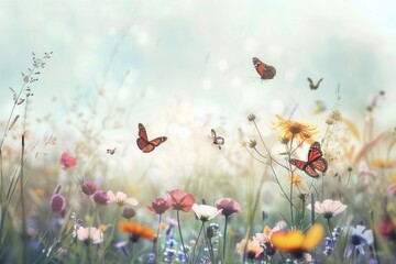 Fototapete - Bright wildflowers blanket the meadow while butterflies flutter gracefully all around, creating a lively spring atmosphere. Generative AI