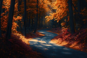 Wall Mural - a winding road through an autumn forest, with trees in full golden and red colors the leaves on the 